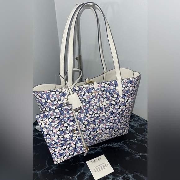 LAUREN RALPH LAUREN Bag Leather Print Tote Purple Vanilla/Breeze Floral w Pouch - Picture 5 of 14